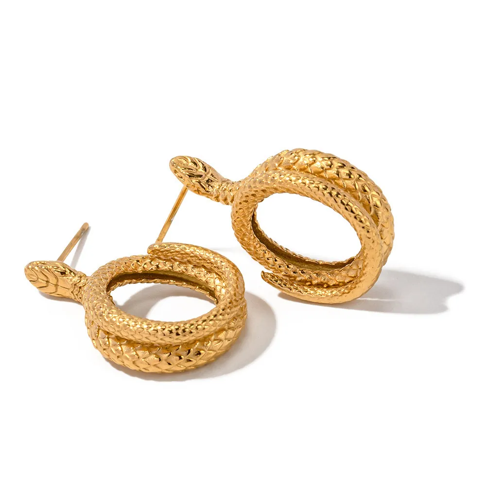 Snake Stud Earrings Stainless Steel 18K Gold Plated Non Fading Textured Scale Animal Jewelry Retro Trendy Style For Women