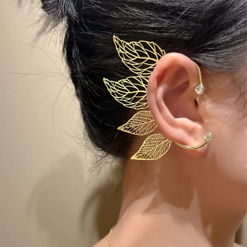 Vintage Hollow Leaf Ear Cuff Ear Wrap Copper Rhinestone Fairy Wing Bone Clip No Piercing Jewelry For Women