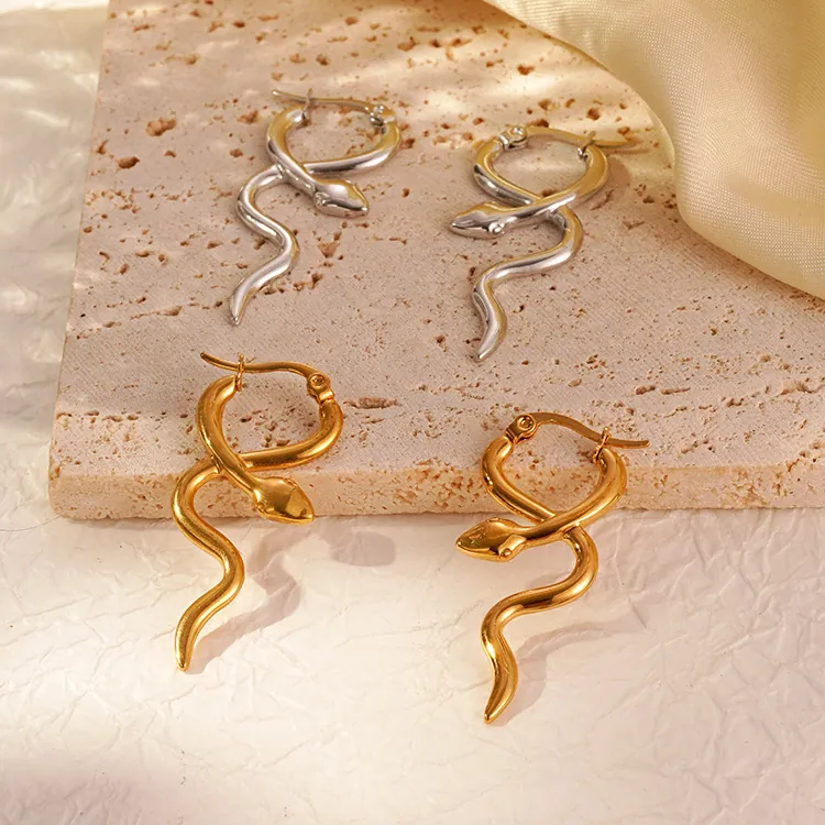 Snake Hoop Earrings Stainless Steel 18K Gold Plated French Vintage Style Minimalist Animal Shaped Jewelry For Women