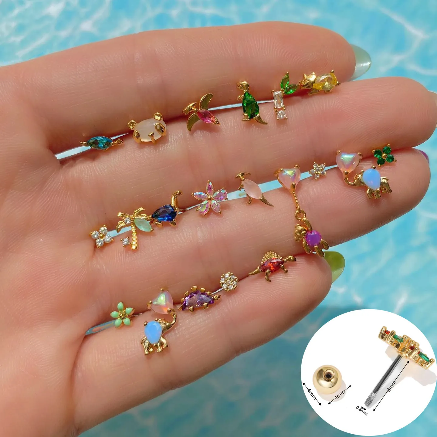 Cute Animal Ear Cartilage Studs Dinosaur Elephant Rabbit Zircon Opal Earrings With Stainless Steel Earring Post