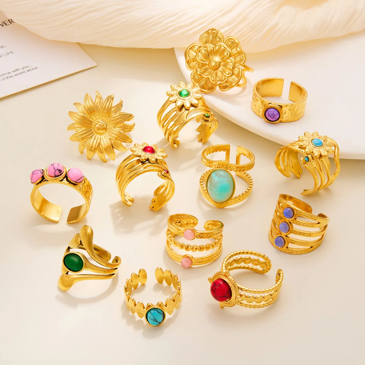 Gold Plated Stainless Steel Alloy Adjustable Open Ring With Flower Sunflower Evil Eye Natural Stone Bohemian Jewelry For Women