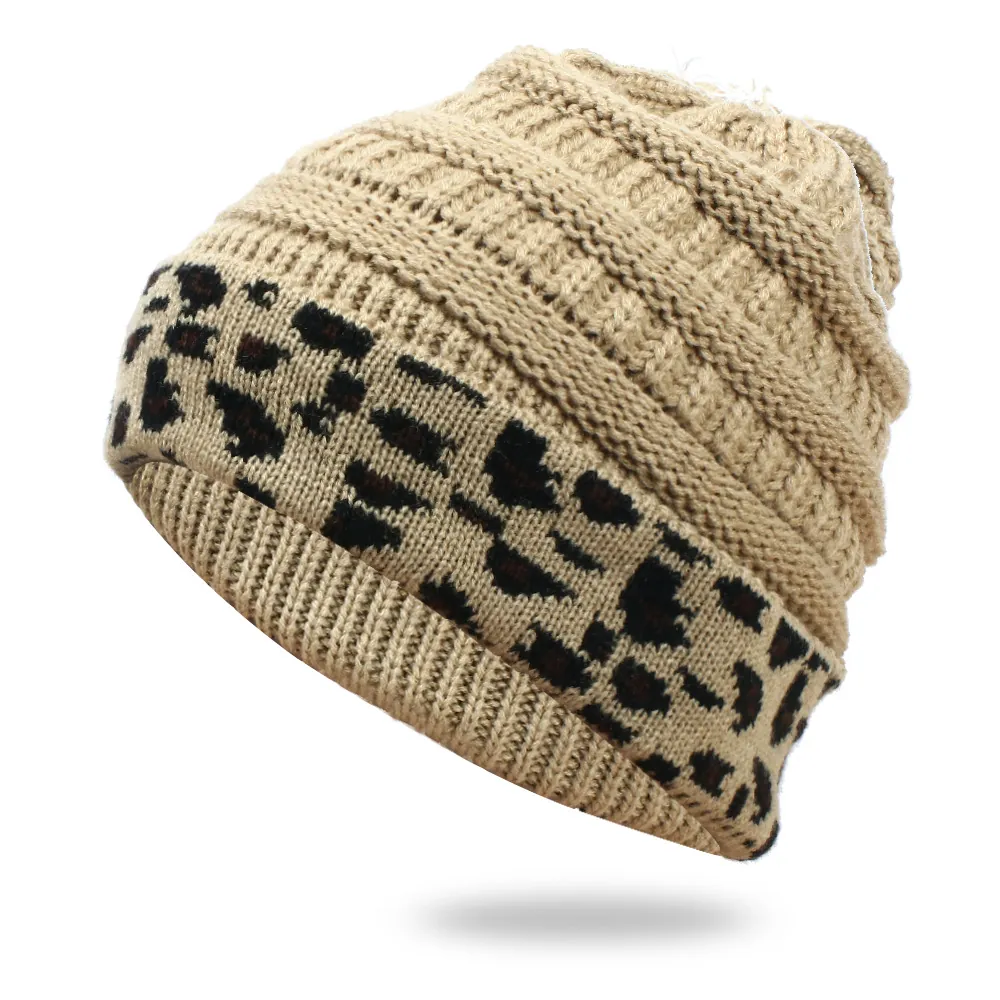 Women Knitted Beanie Hat Acrylic Leopard Print Cuff Warm Winter Ribbed Outdoor Thick Windproof Fold Over Cap