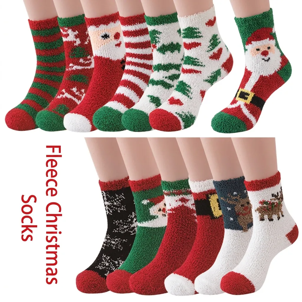 Christmas Coral Fleece Thickened Warm Floor Socks Soft Fuzzy Festive Winter Crew Socks With Santa Reindeer Snowman Patterns