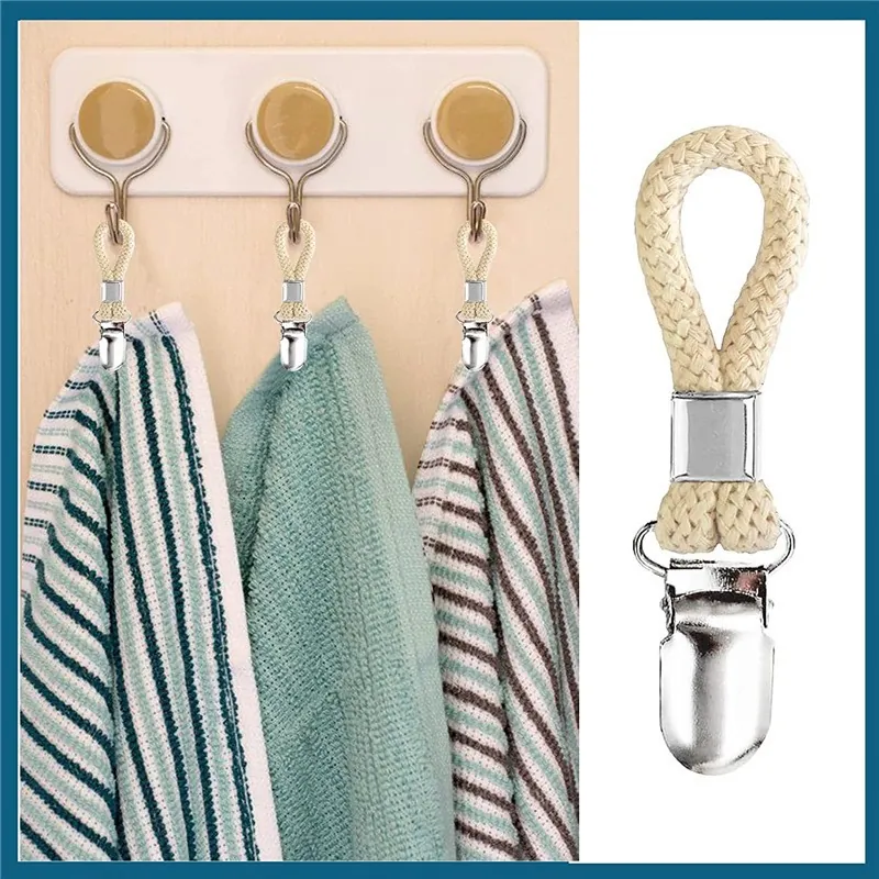 Braided Cotton Rope Towel Clips With Metal Holders For Bathroom Kitchen Tea Towel Hanging Hooks Decorative