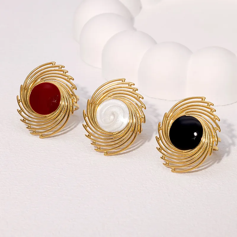 Bague Spirale Géométrique Vintage En Acier Inoxydable Plaqué Or Émail À L'huile Réglable Bijoux De Doigt Pour Femmes
