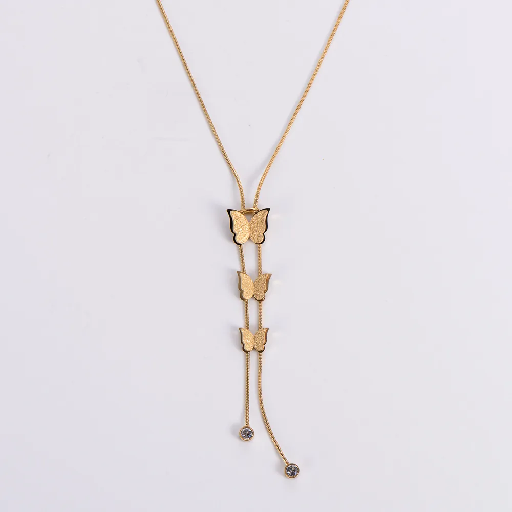 Butterfly Tassel Necklace Stainless Steel 18K Gold Plated Frosted Triple Butterfly Snake Chain With CZ Women Elegant