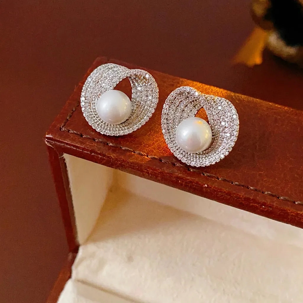 Boucles D'oreilles Künstliche Perles Spirales Élégantes Avec Zircon Et Tige En Argent Pour Femmes Bijoux Minimalistes