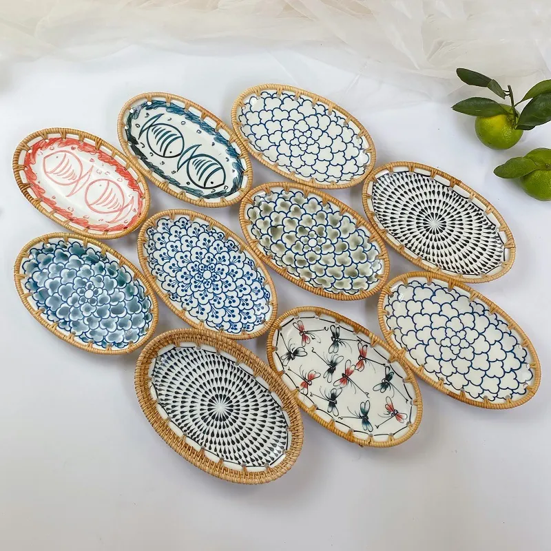 Oval Ceramic Serving Tray With Hand Woven Rattan Edge Japanese Style Hand Painted Floral Pattern For Fruit Snacks