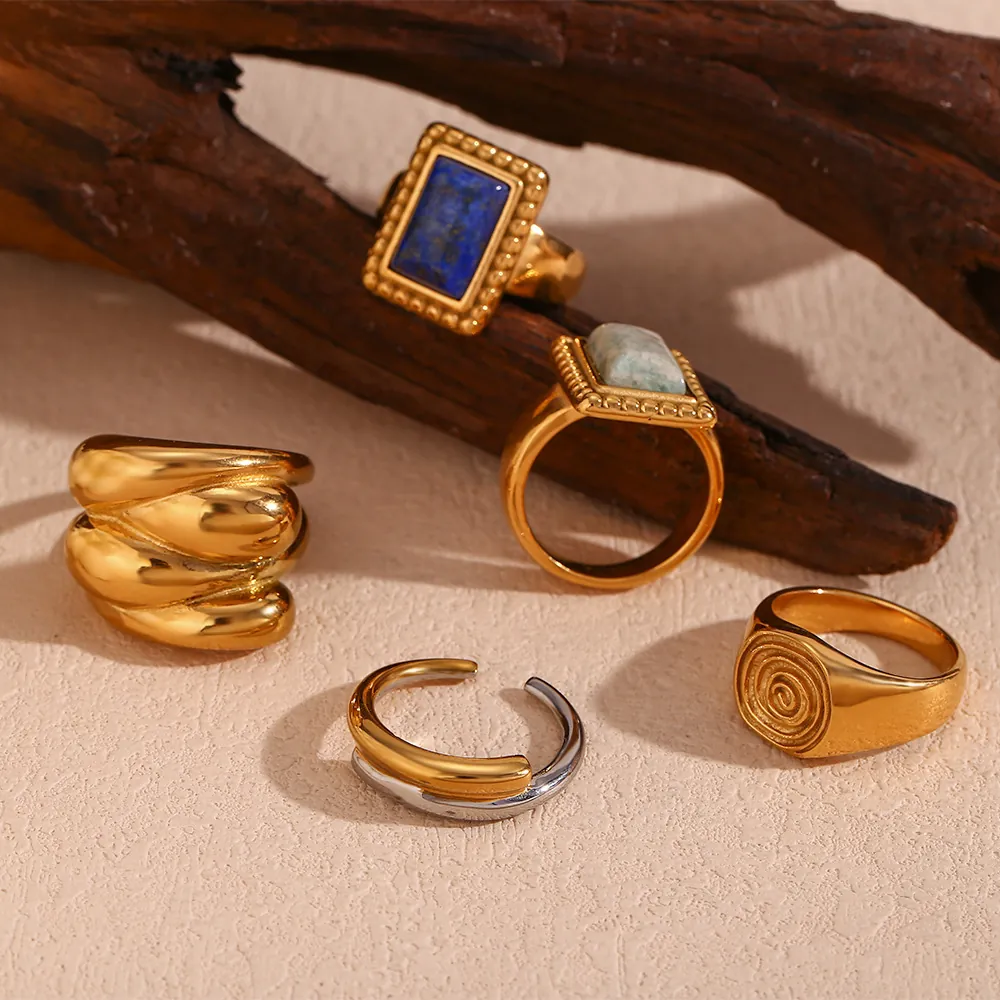 Vintage Stainless Steel Ring 18K Gold Plated Natural Stone Amazonite Lapis Lazuli Signet Geometric Jewelry For Women