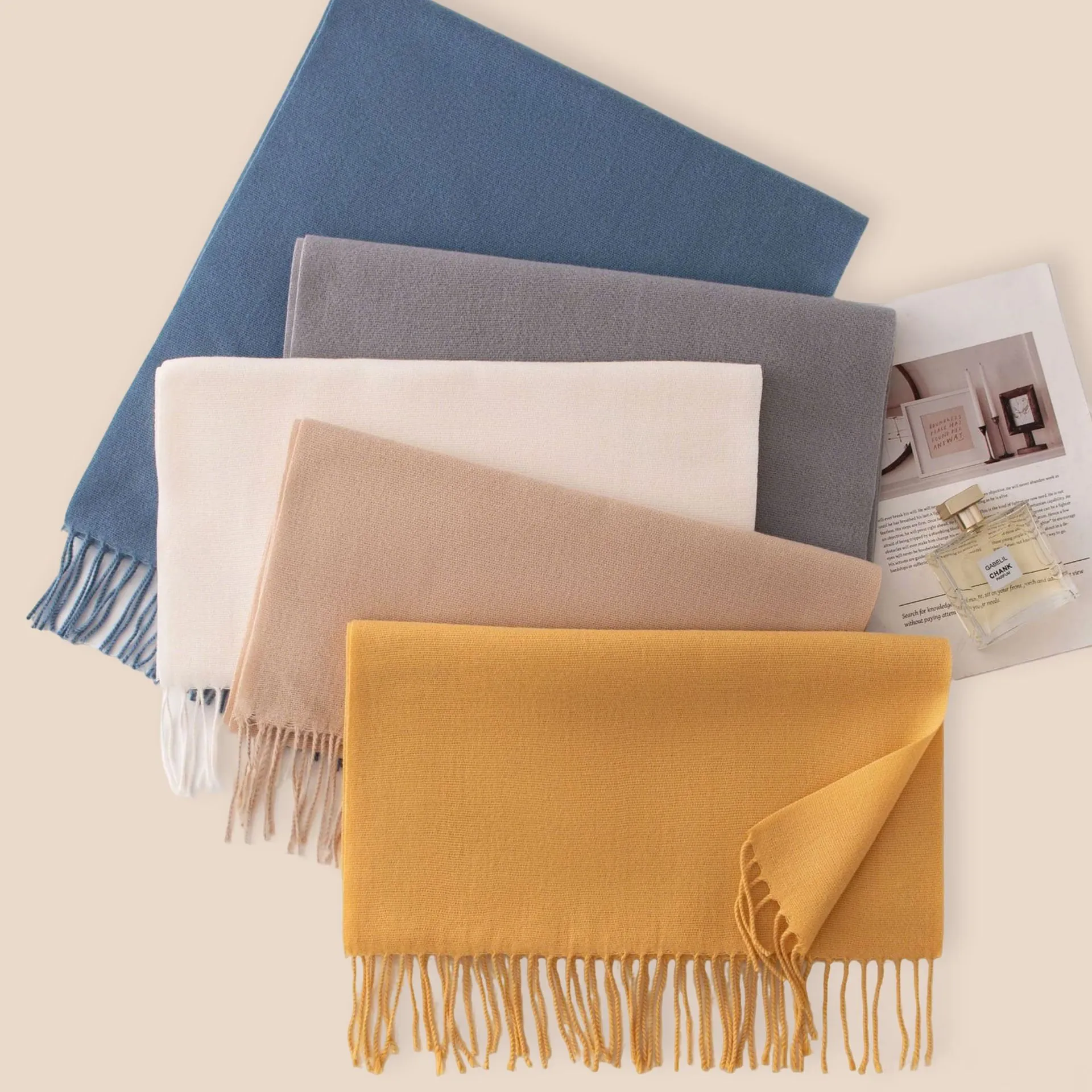 Sciarpa da Donna Tinta Unita in Finto Cashmere Con Nappe Morbido Caldo Scialle in Poliestere per Autunno Inverno All'aperto Quotidiano Casual