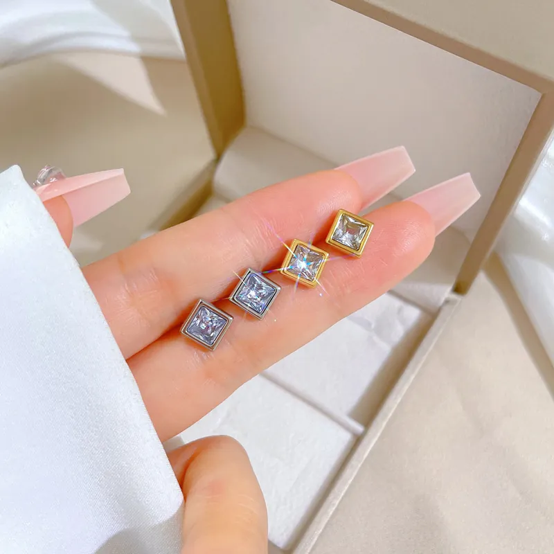 Square Zircon Stud Earrings Minimalist Titanium Steel Geometric Piercing Jewelry For Women Men Elegant Fashion