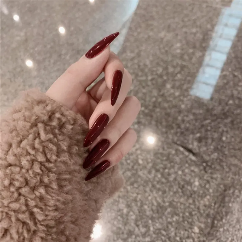 Pointed Stiletto Press On Nails Glossy Burgundy Wine Red Artificial Fingernails Manicure Art Design For Women