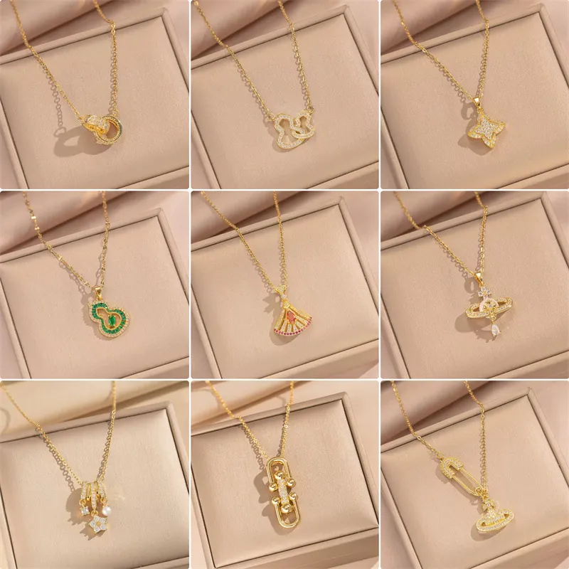 Collier Pendentif En Acier Inoxydable Plaqué Or 18K Pour Femme Bijoux De Luxe Incrustés De Zircon Accessoire Élégant