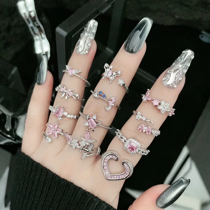 Adjustable Copper Open Rings For Women Pink Zirconia Butterfly Heart Star Flower Bow Irregular Fashion Jewelry