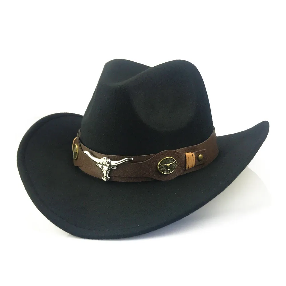 Western Cowboy Hat Polyester Felt Wide Brim Leather Band Bull Head Metal Decor Retro Ethnic Style For Men Women
