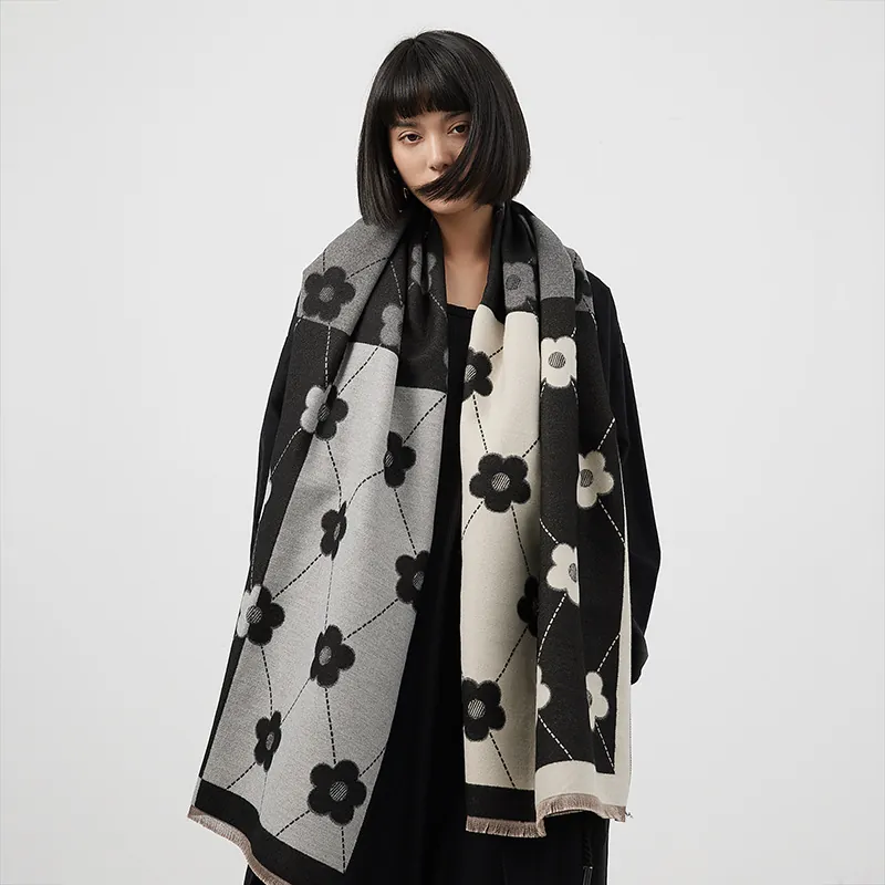 Women Warm Polyester Imitation Cashmere Scarf Color Block Flower Diamond Pattern Long Tassel Shawl Vintage Autumn Winter Wrap
