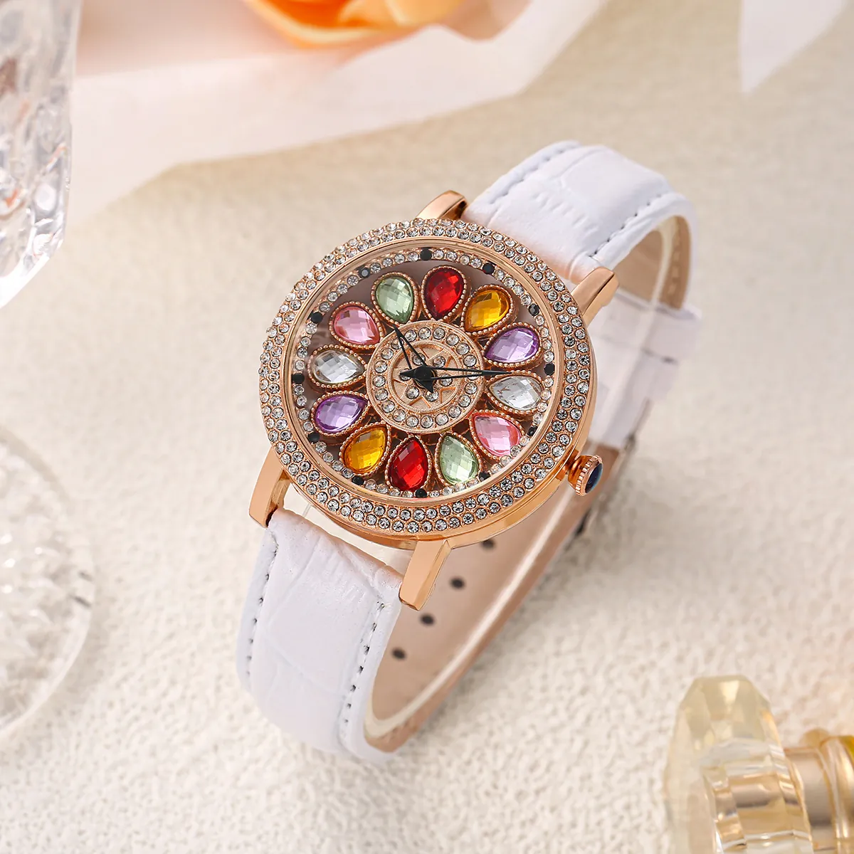 Women's Rotating Flower Dial Rhinestone Quartz Watch Elegant Colorful Gemstone Zinc Alloy Case Fashion Wristwatch Jewelry