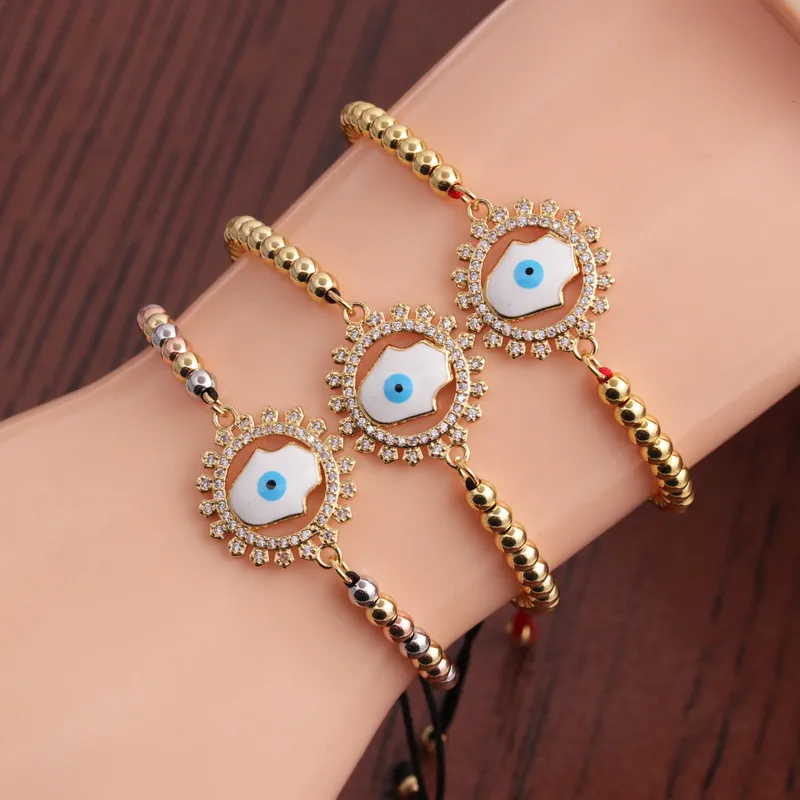 Bracelet Main De Fatma Mauvais Oeil Cuivre Zircon Émail Corde Tressée Ajustable Bijoux