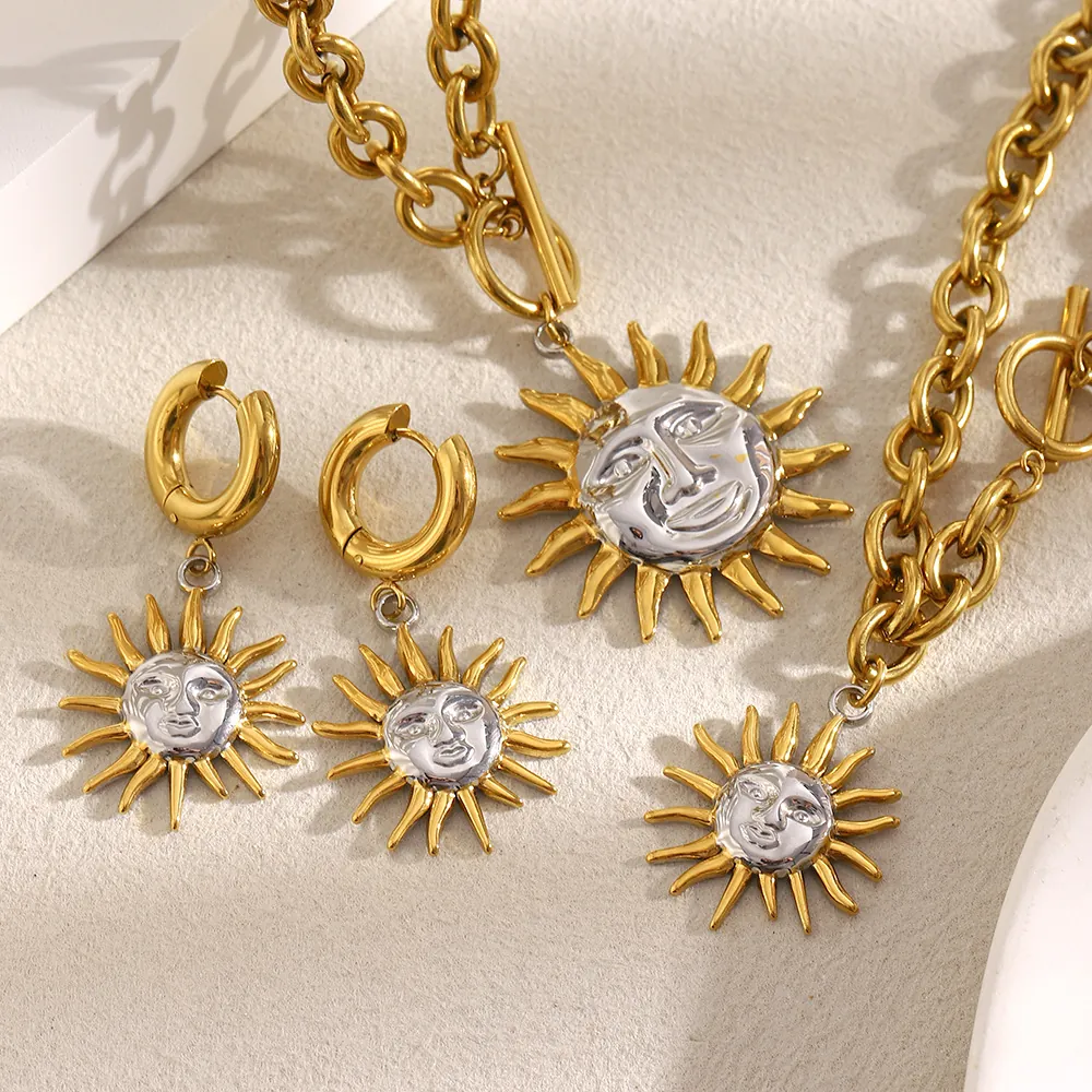 Sun Face Pendant Necklace Bracelet Earrings 18K Gold Plated Stainless Steel Two Tone O Chain OT Buckle Jewelry