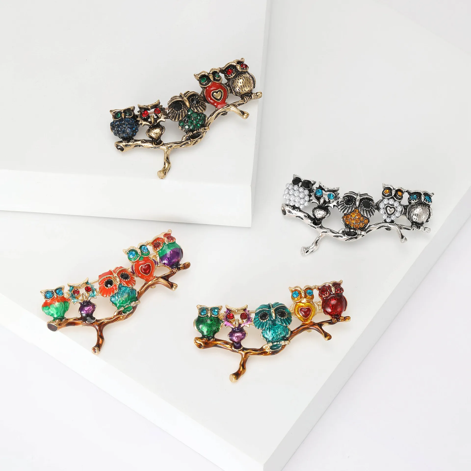 Owl Brooch Pin Alloy Enamel Rhinestone Faux Artificial Pearl Birds On Branch Vintage Animal Jewelry Accessory For Women