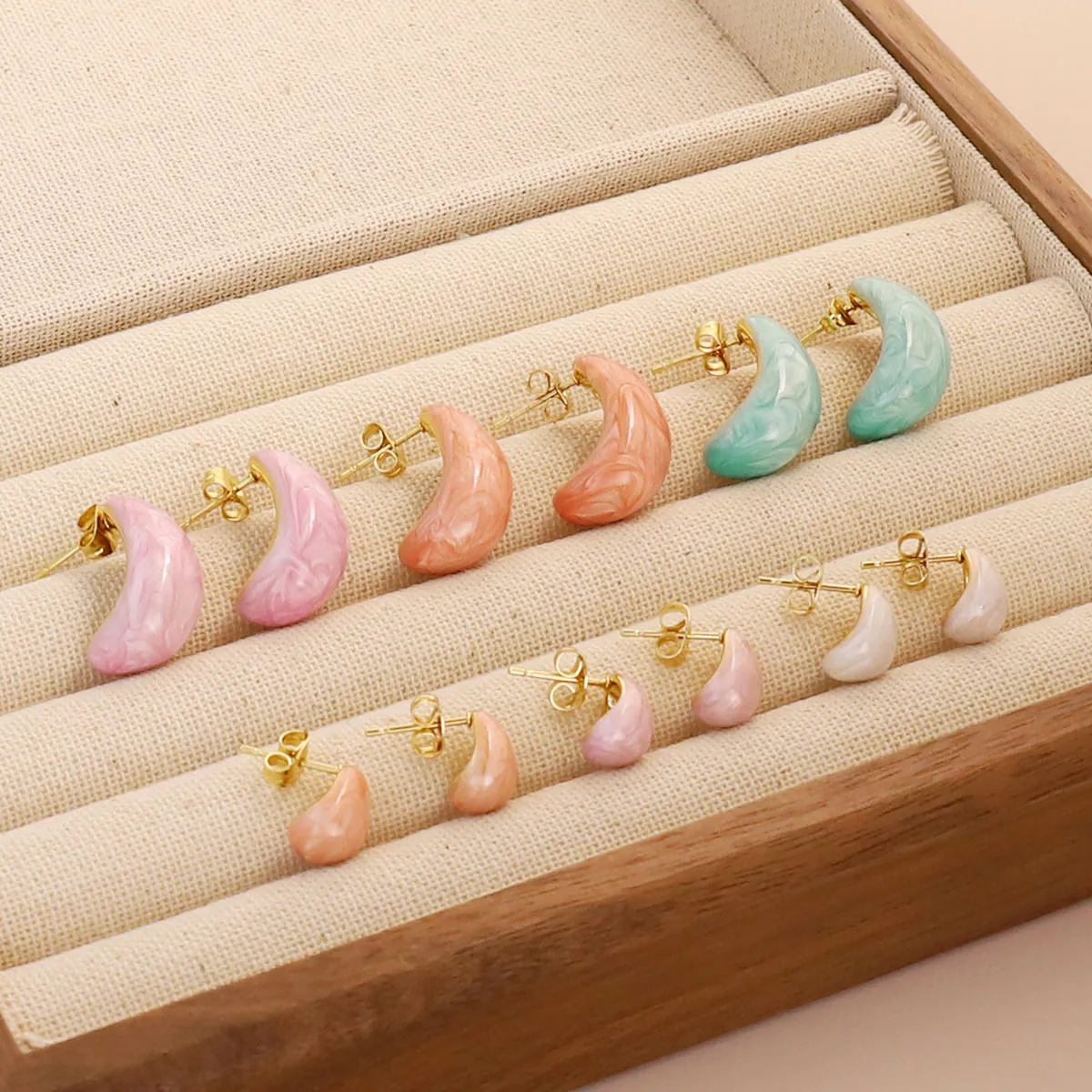 Stainless Steel Stud Earrings Gold Plated Marble Pattern Enamel Water Drop Geometric Semicircle Simple Elegant Accessories