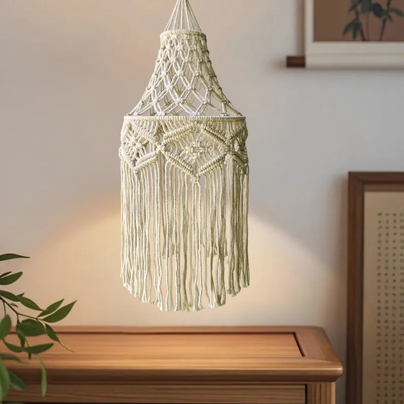 Macrame Lampshade Hand Woven Cotton Rope Tassel Hanging Ceiling Light Cover Bohemian Boho Home Decor For Bedroom