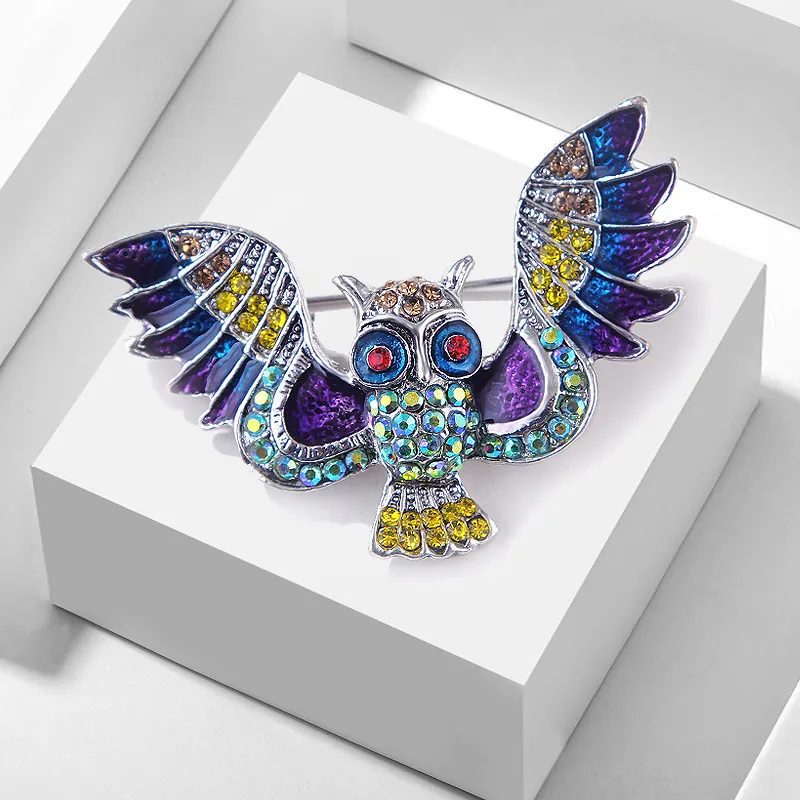 Broche Hibou Rétro Épinglette Alliage Strass Colorés Émail Animal Corsage Bijoux De Mode Vintage Pour Femmes Accessoire Anti-Exposition