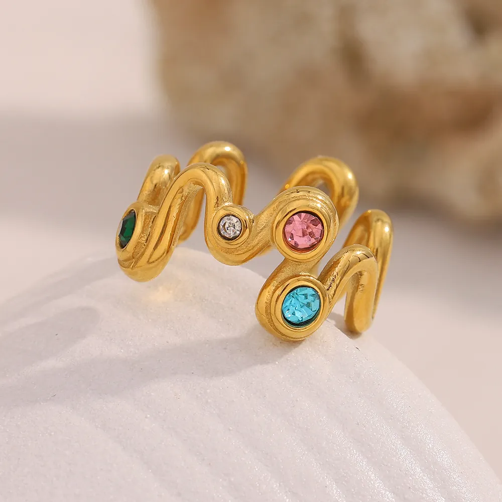 Wave Colorful Zircon Ring 18K Gold Plated Stainless Steel Geometric INS Style Jewelry For Women Fashion Finger Accessory