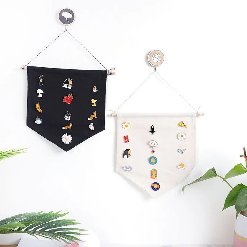 Leinwand Wandbehang Banner Emaille Pin Abzeichen Organizer Display Aufbewahrung Flagge Minimalistisches Nordisches Dekor Holzstange