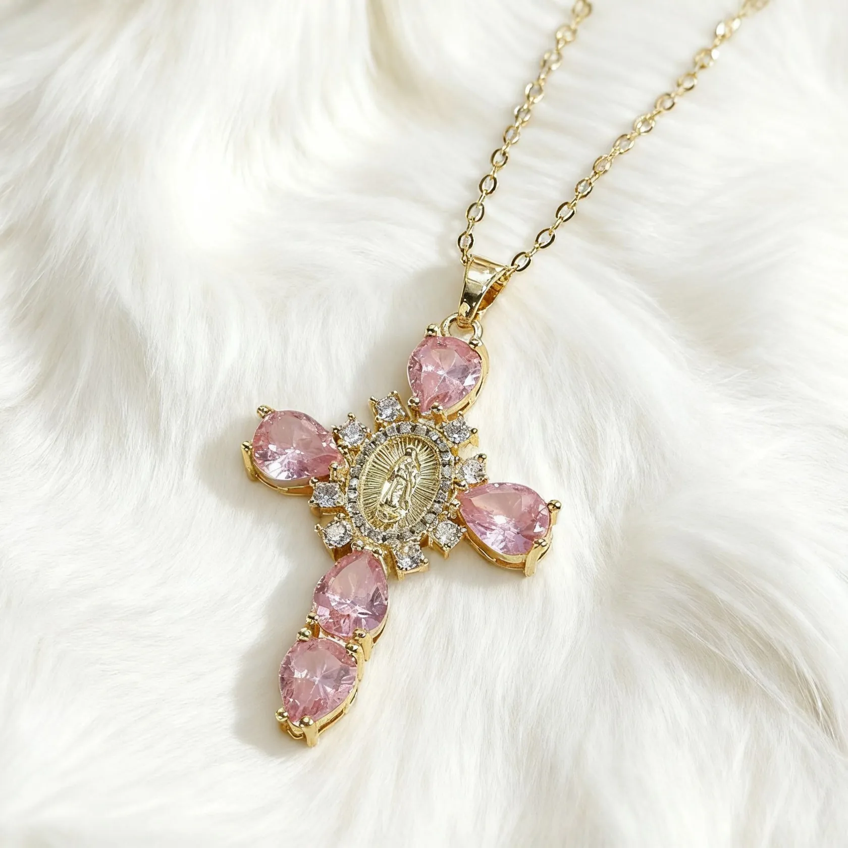 Copper Zirconia Cross Virgin Mary Pendant Necklace Gold Plated Religious Vintage Style Jewelry Gift For Women Inlaid Pendant