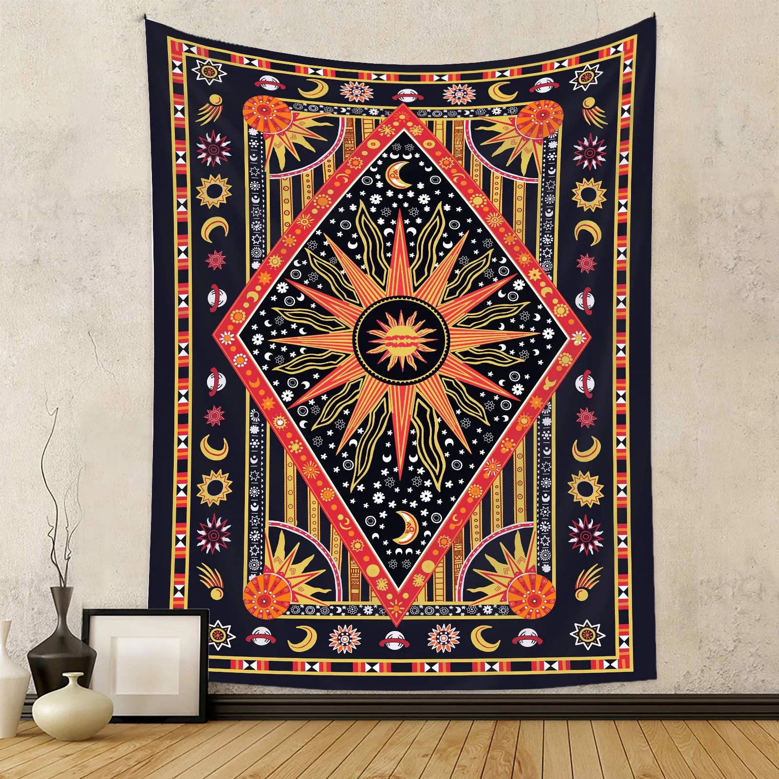 Bohemian Wandteppich Polyester Stoff Sonne Mond Sterne Mystische Himmlische Muster Für Schlafzimmer Wohnzimmer Deko