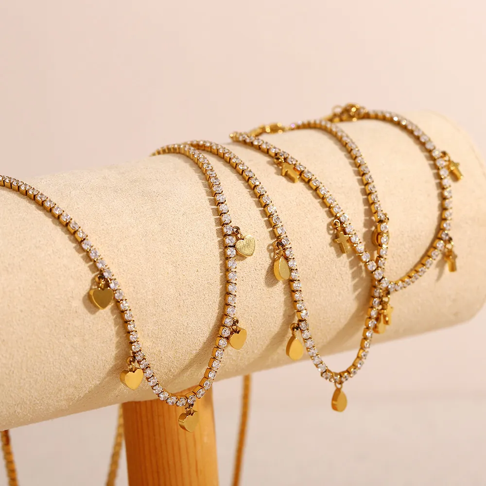 Collier Et Bracelet En Acier Inoxydable Plaqué Or 18K Chaîne Tennis Charmes Zircon Cœur Goutte Eau Croix Élégance Femme
