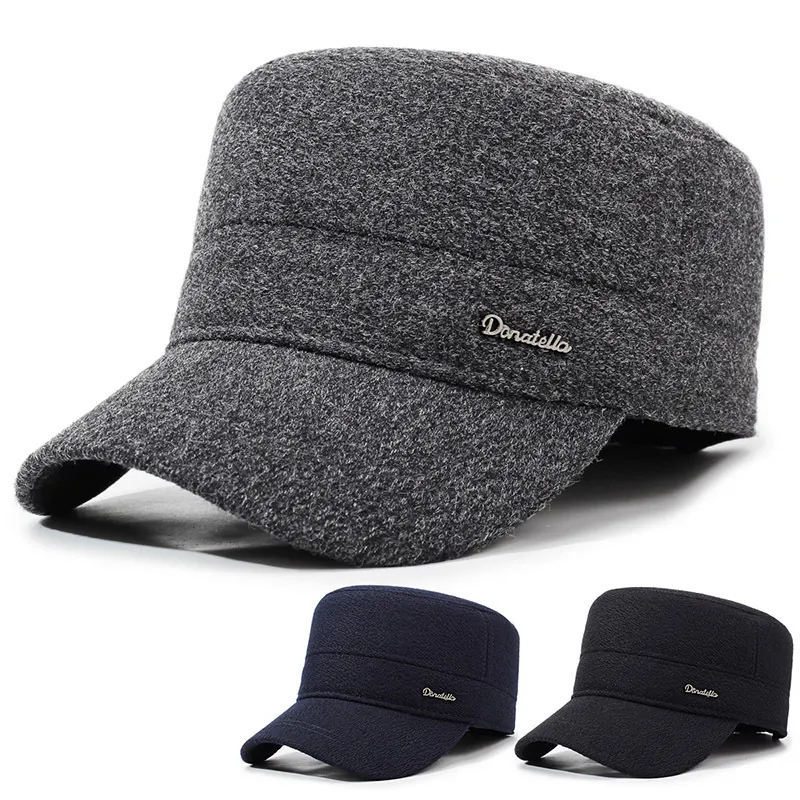 Men Winter Cadet Cap With Ear Protection Flaps Warm Woolen Flat Top Hat For Cold Weather Adjustable Fit