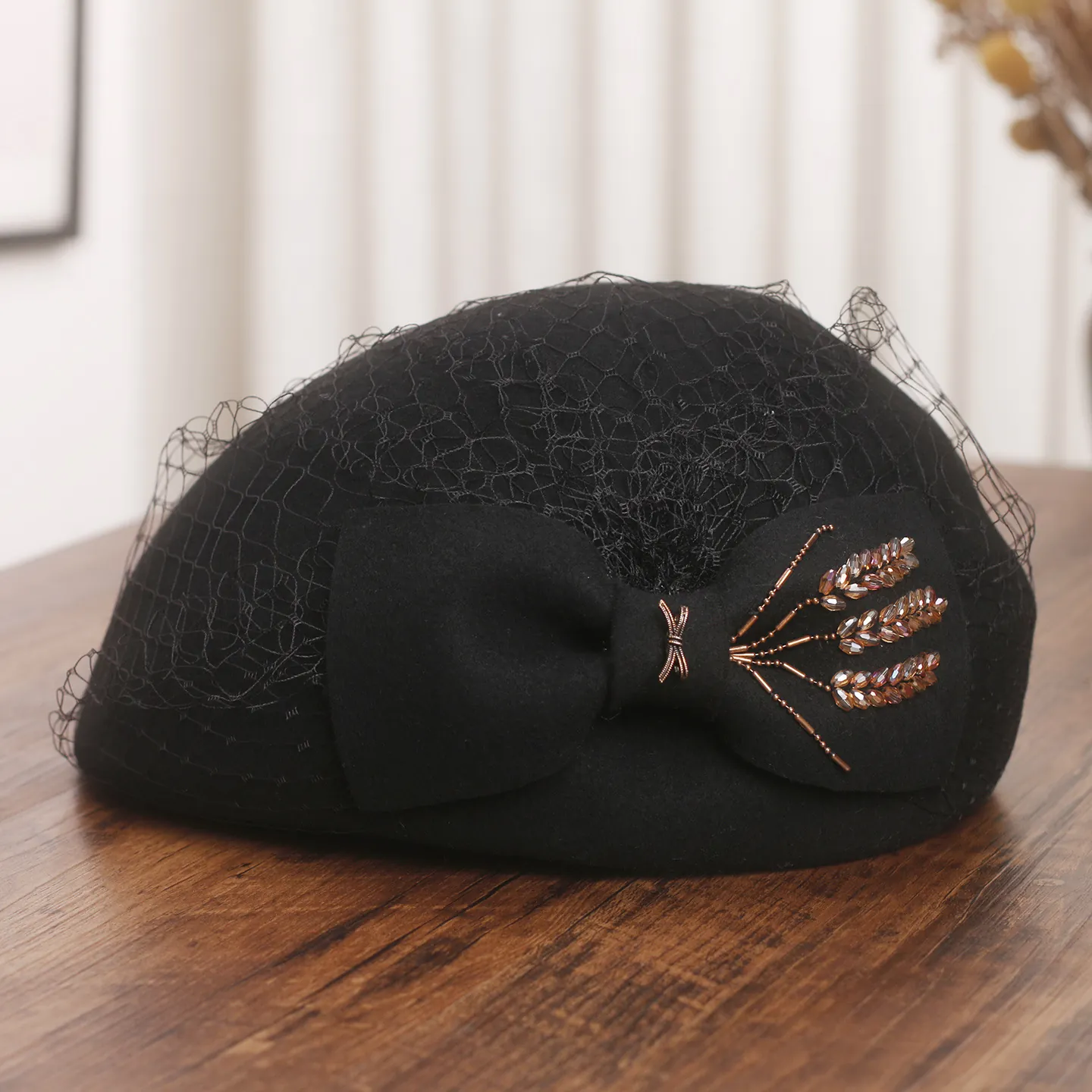 Elegant Wool Beret For Women Vintage French Pillbox Hat With Mesh Veil Bow Bead Hand Beaded Wheat Decor Winter Party Hat