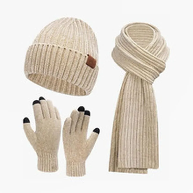Gorro Bufanda Y Guantes Táctiles De Invierno De Punto Cálido Poliéster Acanalado Accesorio Exterior Para Hombre Y Mujer