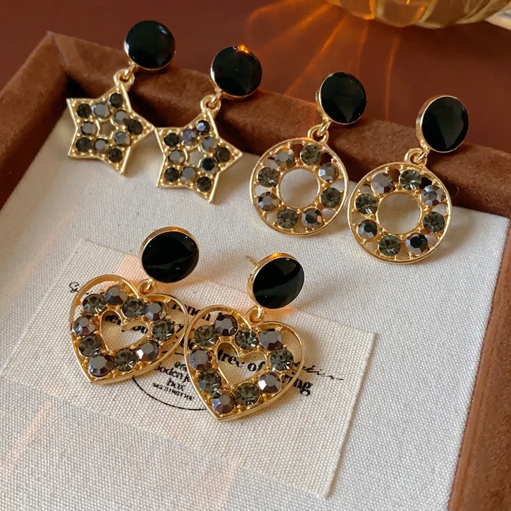 Boucles D'oreilles Pendantes Géométriques Vintage Avec Tige En Argent Bijoux En Alliage Strass Pour Femme Coeur Étoile