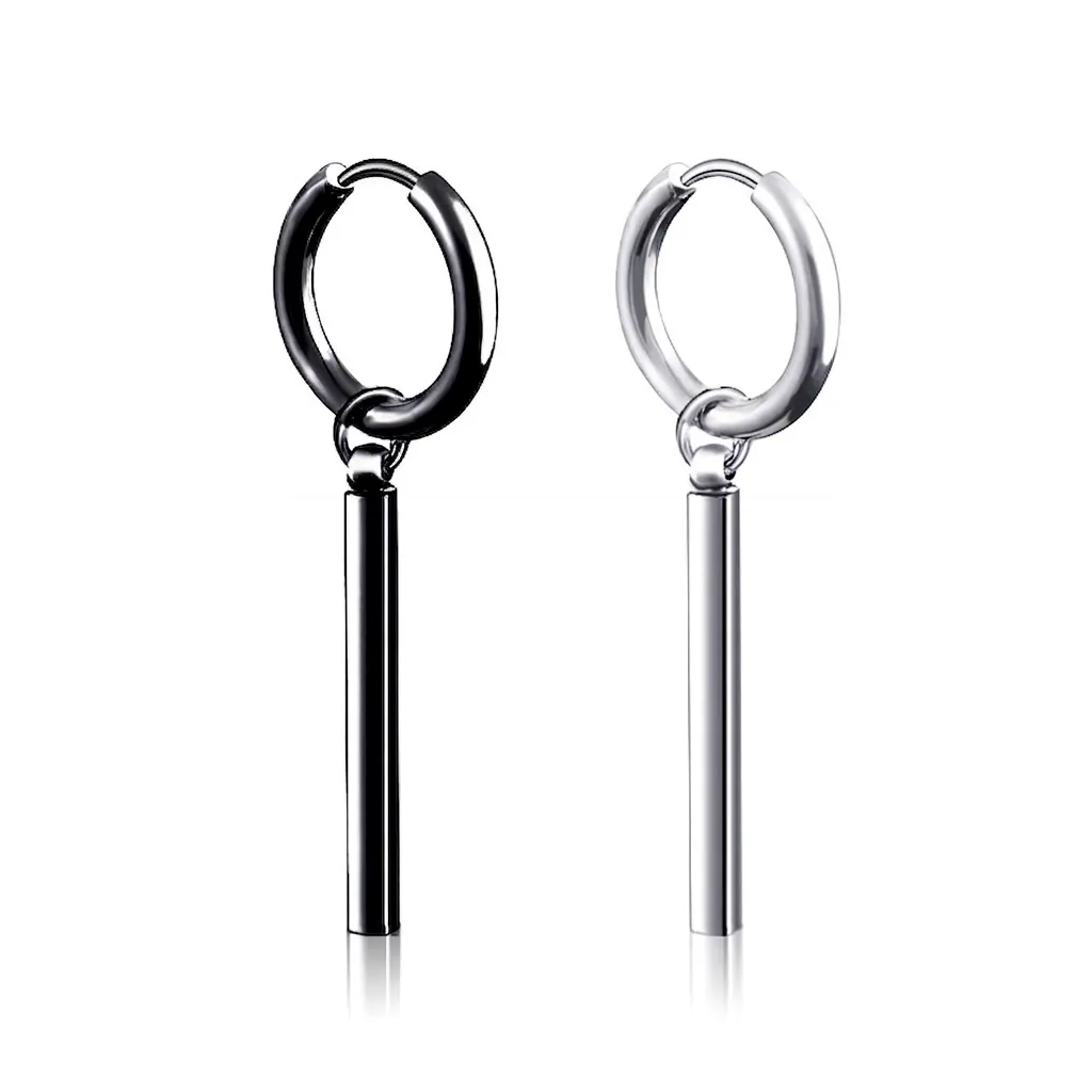 Unisex Titanium Steel Long Stick Drop Earrings Punk Minimalist Metal Bar Dangle Hoop Earring Clip Non Pierced Jewelry