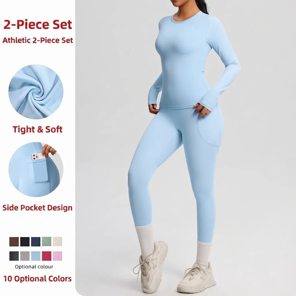 Women Top And Bottom Brushed Solid Color Yoga Clothes Long Sleeve Slim Workout Set High Waist Pocket Leggings Sportswear