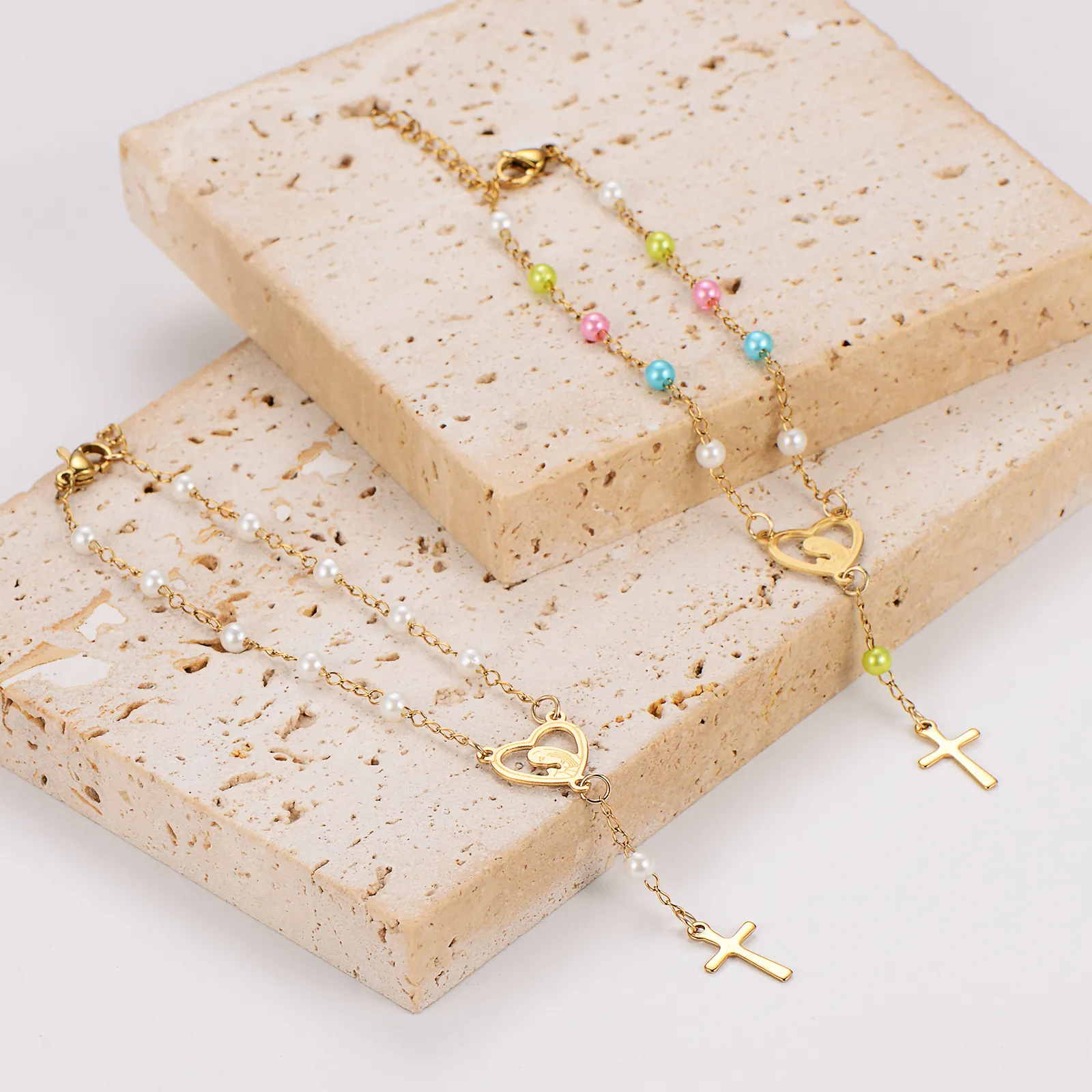 Bracelet Pendentif Coeur Croix Acier Inoxydable 304 Plaqué Or Avec Künstliche Perles Artificielles Bijoux Religieux Femme