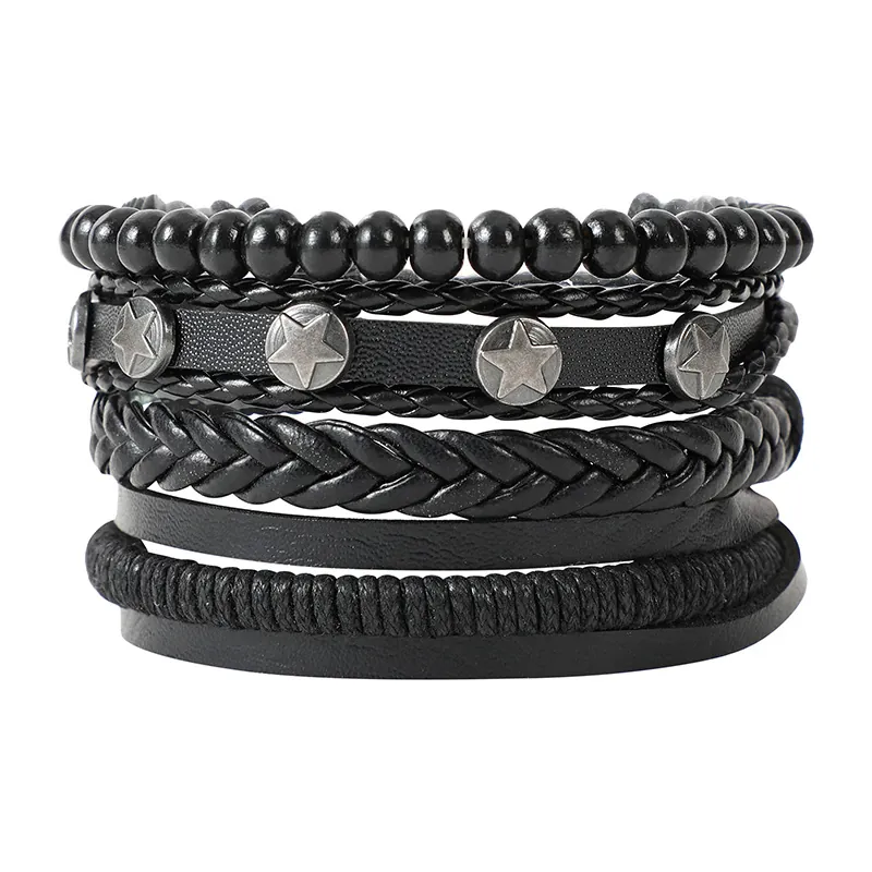 Men's Multilayer Leather Bracelet Set Handmade Braided Rope Wood Beads Star Maple Leaf Charm Handcrafted Wristband Jewelry For Friends