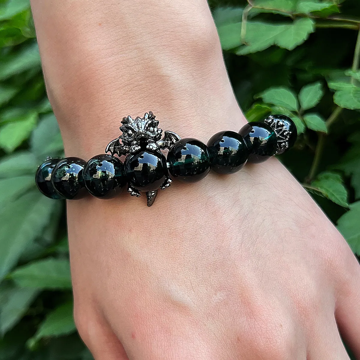 Gothic Beaded Bracelet Alloy Dragon Moon Rose Charms Dark Green Phantom Beads Vintage Punk Style For Men Women