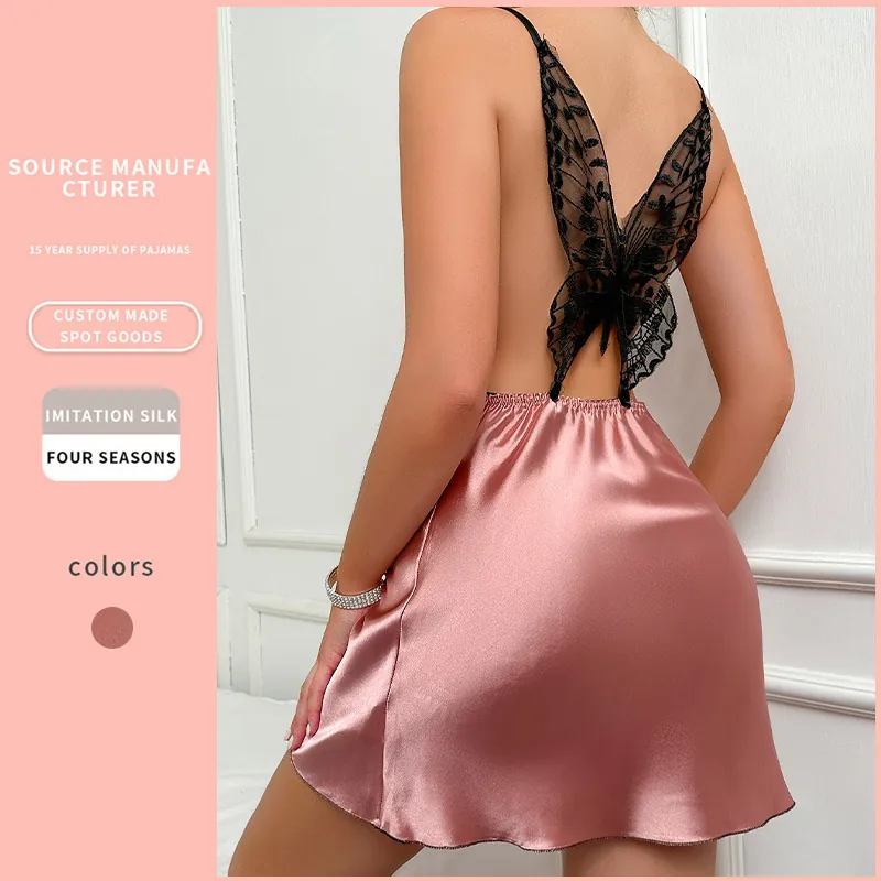 Sexy Women Satin Nightgown Backless Cowl Neck Spaghetti Strap Butterfly Lace Mini Slip Dress Imitation Satin Sleepwear