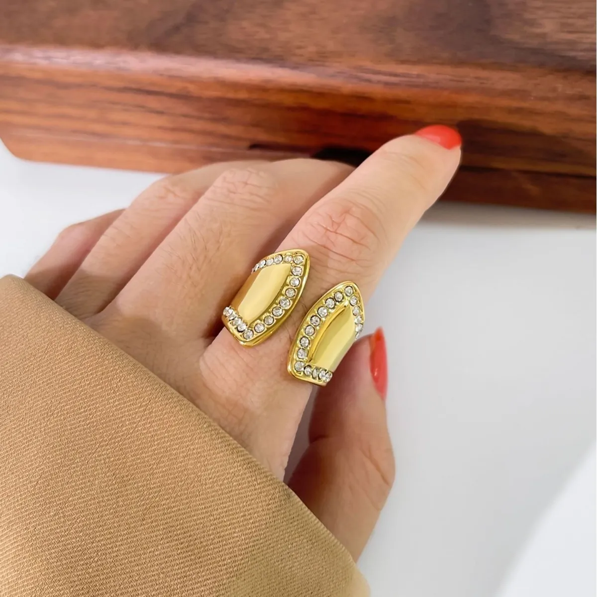 Minimalistischer Offener Ring Aus Edelstahl Für Damen 18K Vergoldet Unregelmäßig Mit Strass Eingelegter Personalisierter Ring