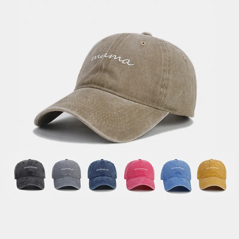 Mama Letter Embroidery Baseball Cap Washed Cotton Retro Distressed Vintage Adjustable Sun Hat Women