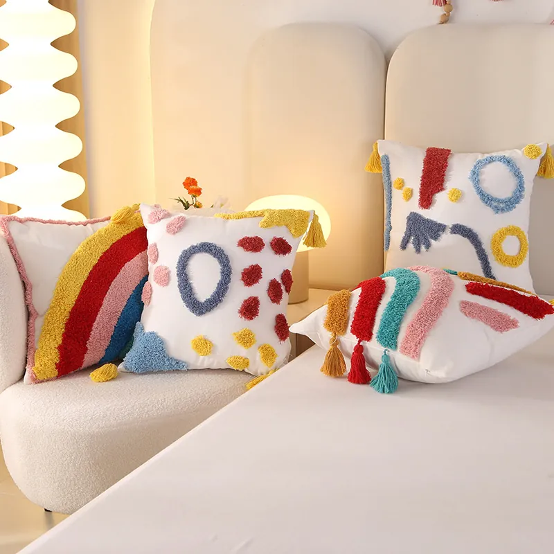 Tufted Rainbow Cushion Cover Cotton Canvas Throw Pillow Decorative Geometric Pattern With Tassels Bohemian Style For Sofa