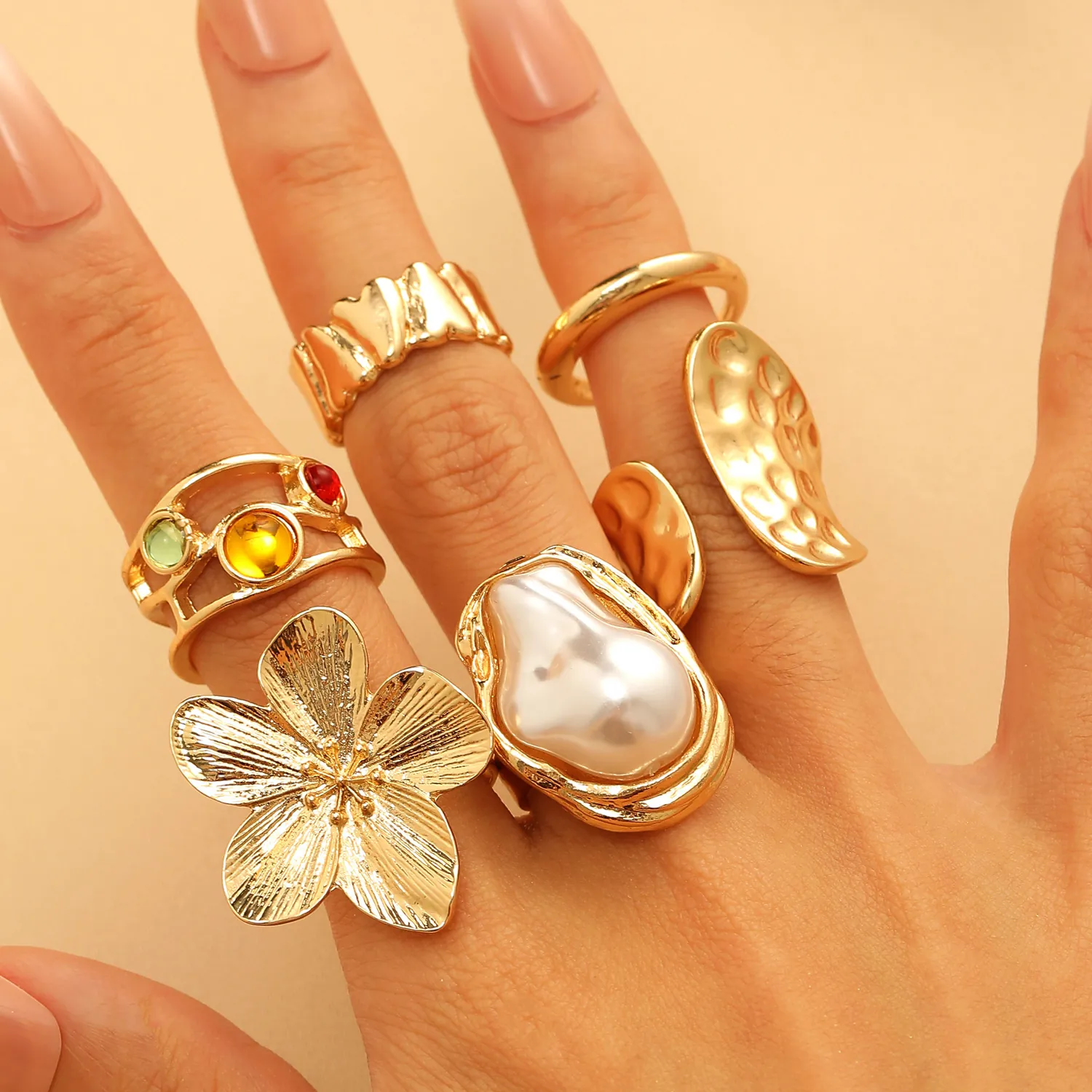 Vintage Artificial Baroque Pearl Flower Multi Piece Ring Set Gold Silver Plated Alloy Resin Gemstone Open Adjustable Finger Rings For Women Party Jewelry