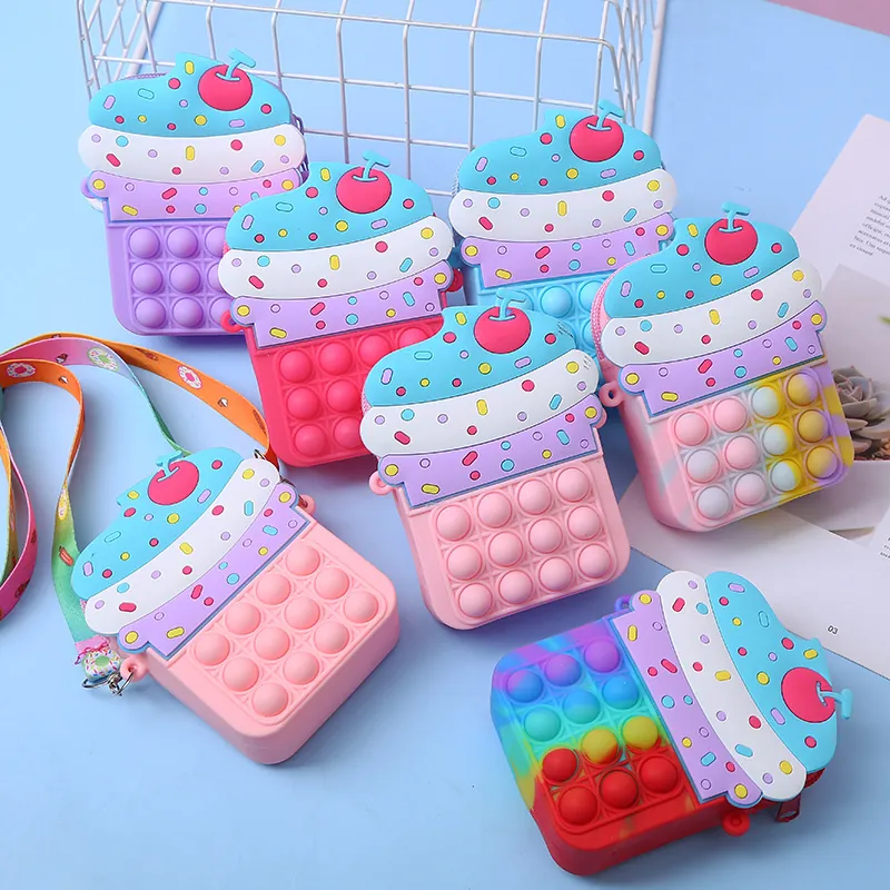 Kinderen Cupcake Siliconen Push Pop Fidget Speelgoed Crossbody Tas Cartoon Ijs Portemonnee Voor Meisjes Decompressie Schoudertas