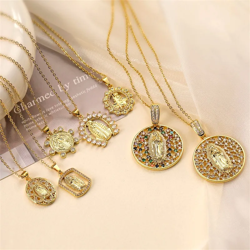 Jungfrau Maria Anhänger Halskette Vergoldet Kupfer Zirkon Religiöser Schmuck Retro INS Mode Damen Luxus Accessoire