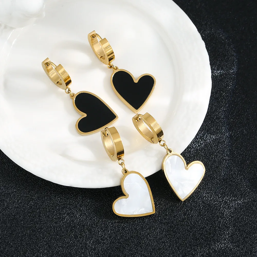 Heart Hoop Earrings Gold Stainless Steel With Shell Inlay Dangle Earrings For Women Minimalist Fashion Jewelry