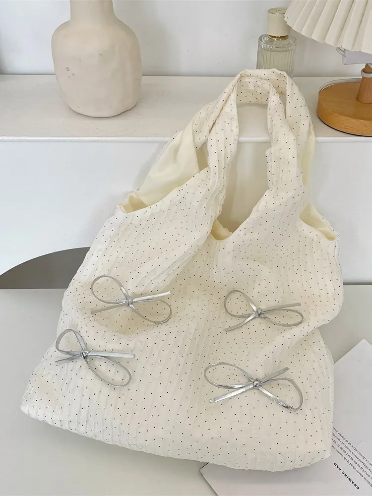Borsa Da Donna A Pois Pieghettata Con Fiocchi Argento Grande Capacità Borsa A Spalla Estetica Chic Casual Sottobraccio